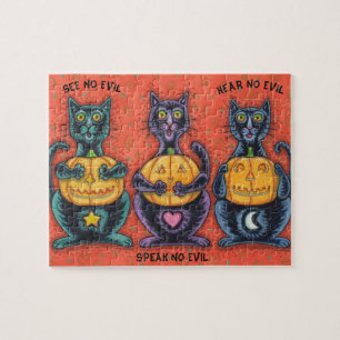 BLACK CATS AND JACKS SEE NO EVIL HALLOWEEN PUZZLE