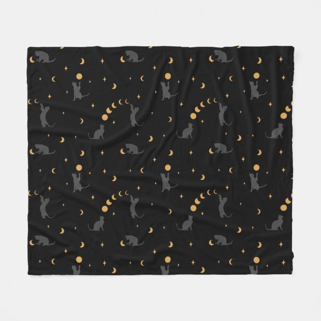 Black Cats and Moon Phases Fleece Blanket (Front (Horizontal))