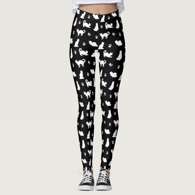 Black Cats and Paw Prints Pattern Leggings (Front)