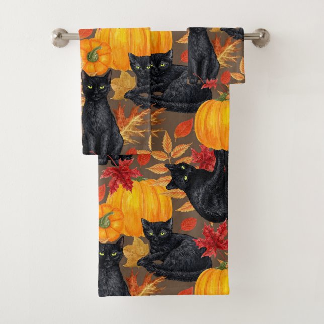 Black cats and pumpkins 2 bath towel set (Insitu)