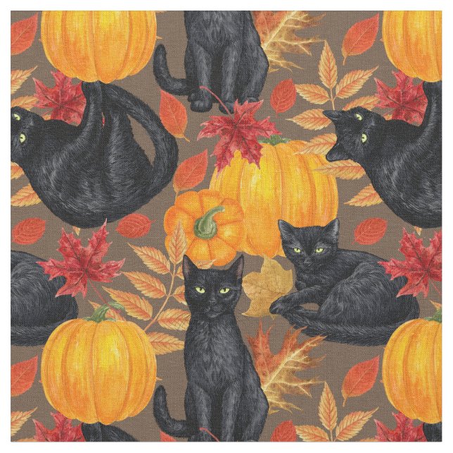 Black cats and pumpkins 2 fabric (Close Up)
