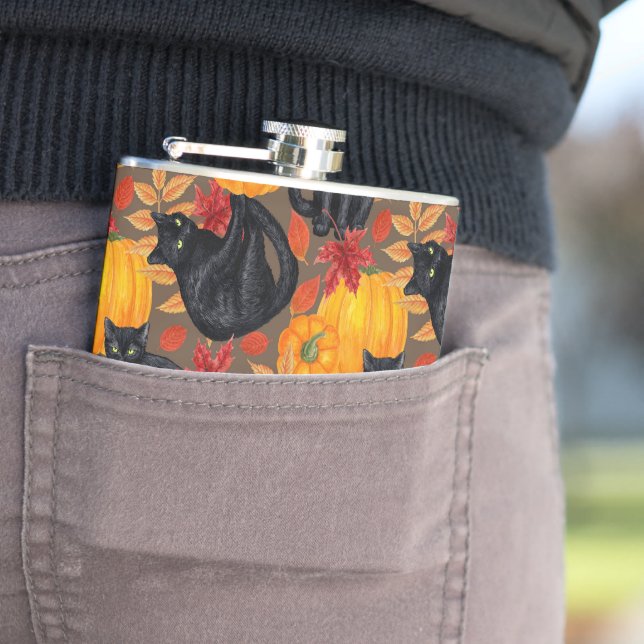 Black cats and pumpkins 2 hip flask (In Situ)