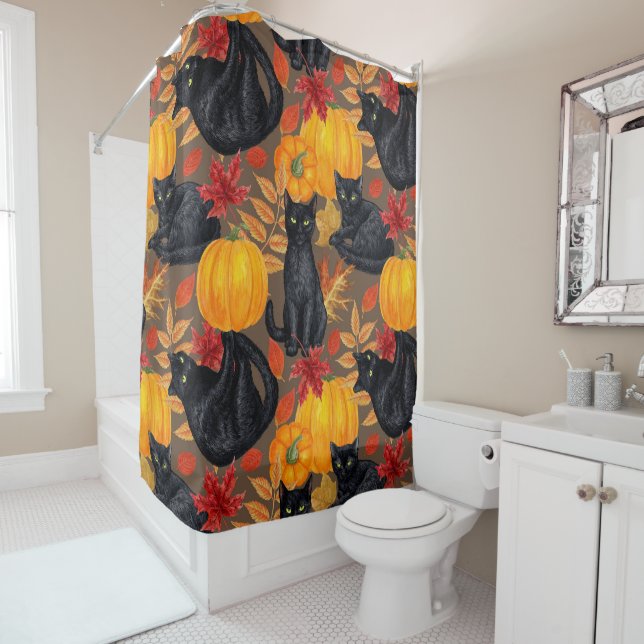 Black cats and pumpkins 2 shower curtain (In Situ)