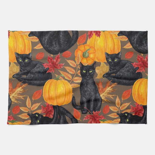 Black cats and pumpkins 2 tea towel (Horizontal)