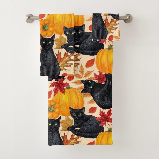 Black cats and pumpkins  bath towel set (Insitu)
