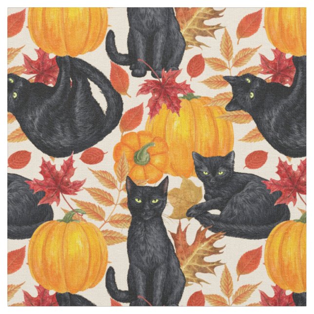 Black cats and pumpkins  fabric (Close Up)