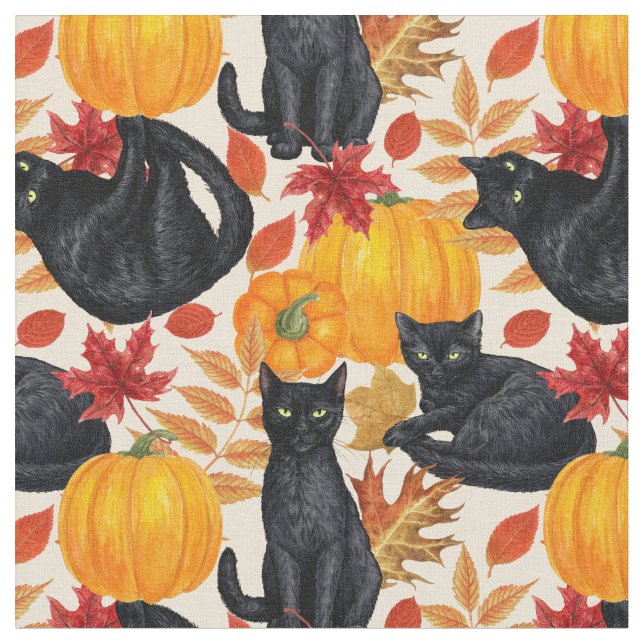 Black cats and pumpkins  fabric (Close Up)