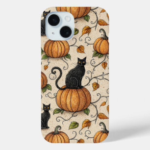 Black Cats and Pumpkins Halloween Pattern iPhone 15 Case