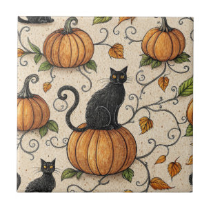 Black Cats and Pumpkins Halloween Pattern Ceramic Tile