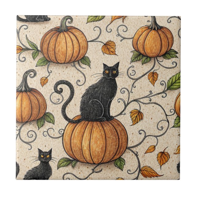 Black Cats and Pumpkins Halloween Pattern Ceramic Tile (Front)