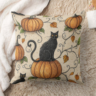 Black Cats and Pumpkins Halloween Pattern Cushion