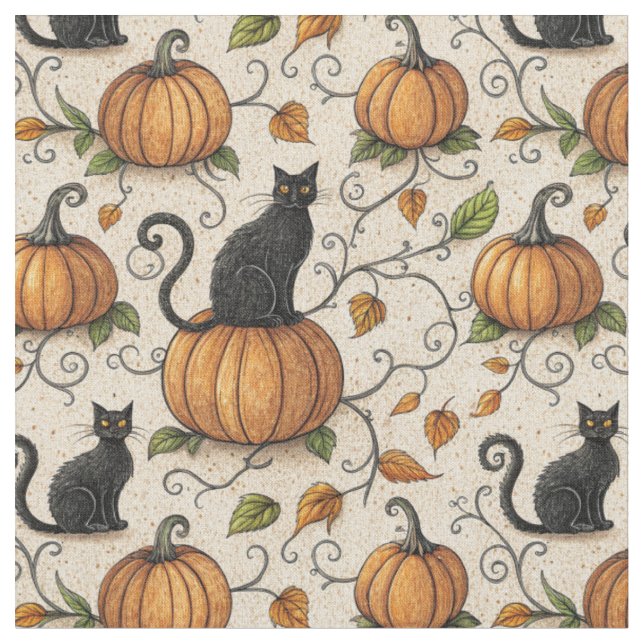 Black Cats and Pumpkins Halloween Pattern Fabric (Close Up)