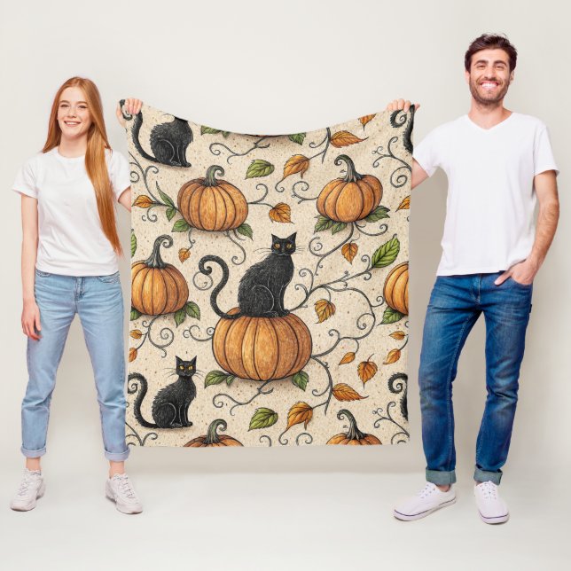Black Cats and Pumpkins Halloween Pattern Fleece Blanket (In Situ)