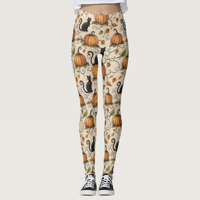 Black Cats and Pumpkins Halloween Pattern Leggings (Front)