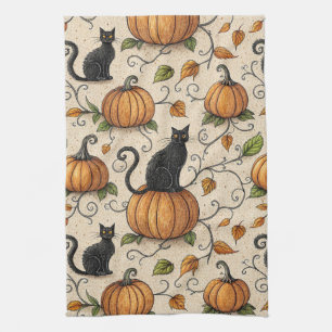 Black Cats and Pumpkins Halloween Pattern Tea Towel