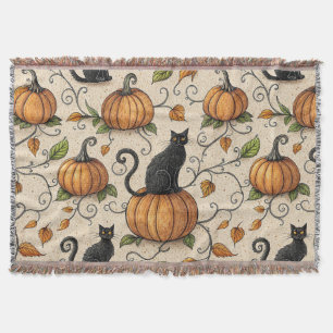 Black Cats and Pumpkins Halloween Pattern Throw Blanket