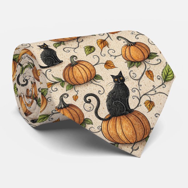 Black Cats and Pumpkins Halloween Pattern Tie (Rolled)