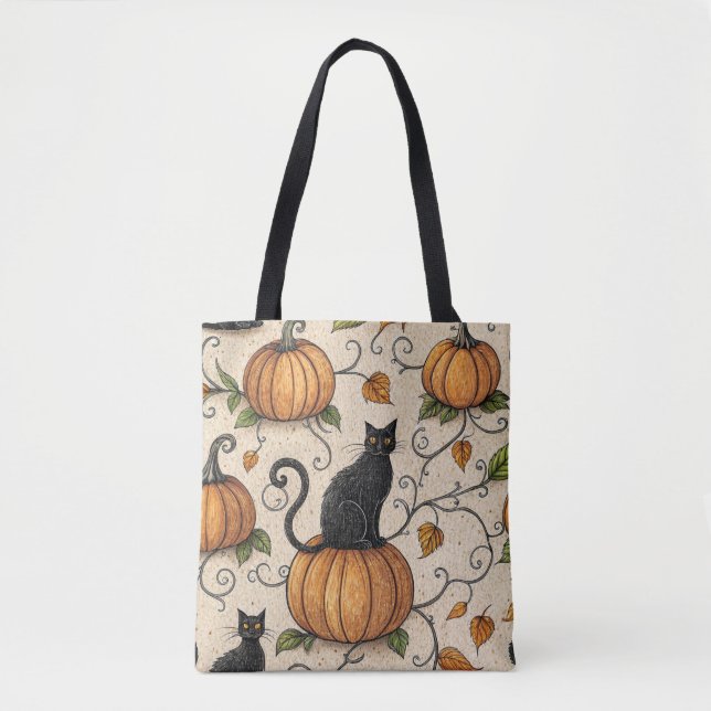Black Cats and Pumpkins Halloween Pattern Tote Bag (Front)