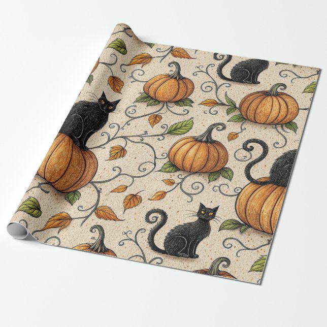Black Cats and Pumpkins Halloween Pattern Wrapping Paper (Unrolled)