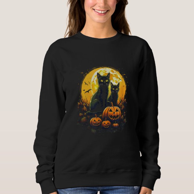 Black Cats and Pumpkins Moon  Cat  s Halloween Sweatshirt (Front)