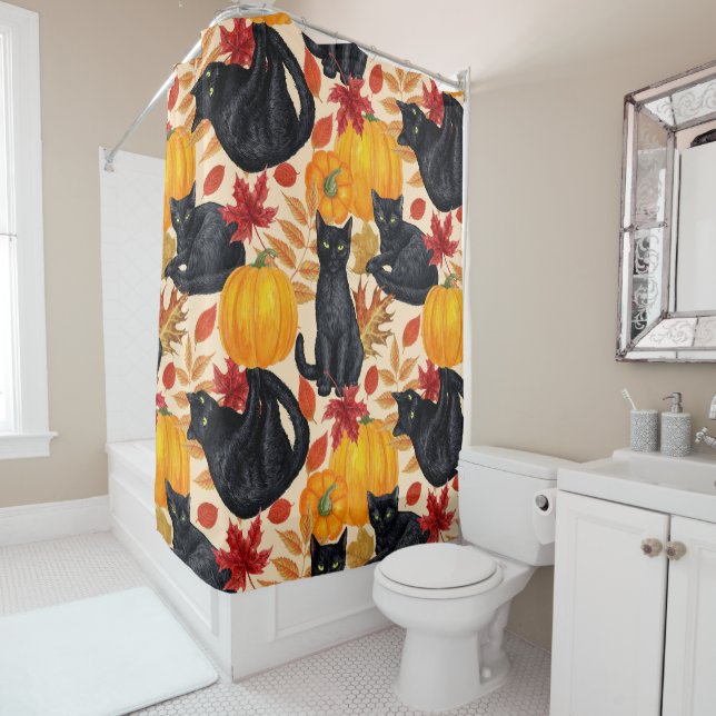 Black cats and pumpkins  shower curtain (In Situ)