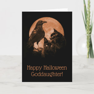 Black Cats and Raven Goddaughter Halloween Card