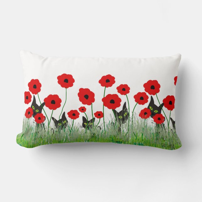Black Cats and Red Poppies Lumbar Cushion (Front)