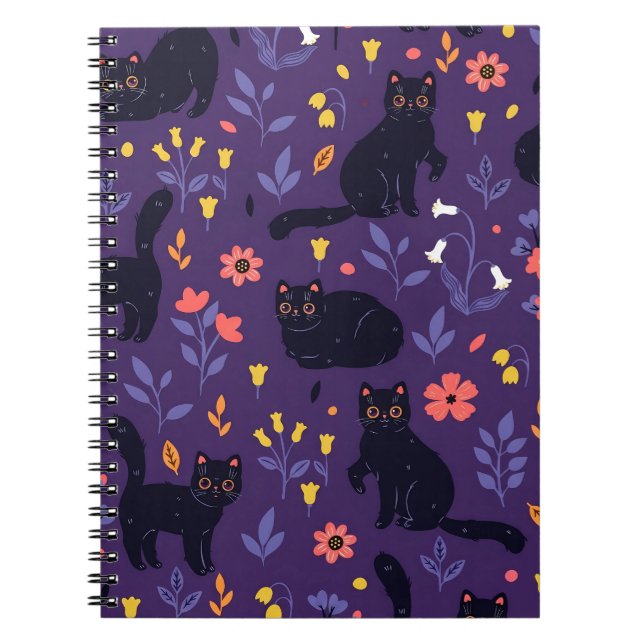 Black Cats and Wildflowers pattern Notebook (Front)