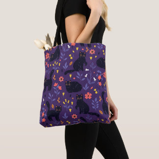 Black Cats and Wildflowers pattern Tote Bag