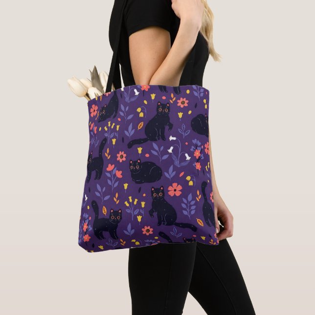 Black Cats and Wildflowers pattern Tote Bag (Close Up)
