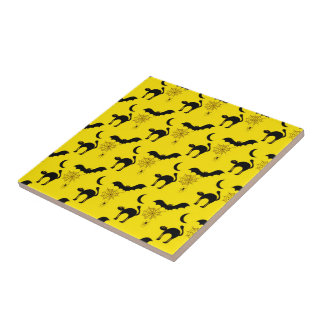 Black Cats Bats and Moons Halloween Pattern Ceramic Tile