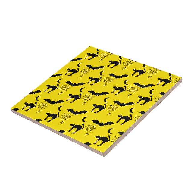 Black Cats Bats and Moons Halloween Pattern Ceramic Tile (Side)