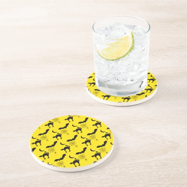 Black Cats Bats and Moons Halloween Pattern Coaster (Side)