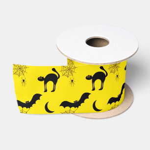 Black Cats Bats and Moons Halloween Pattern Satin Ribbon