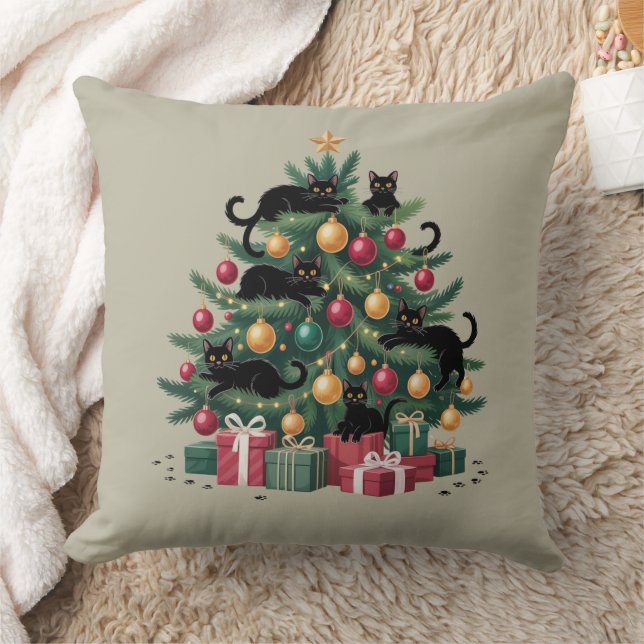 Black Cats Christmas Tree Cat Lover Xmas Lights Cushion (Blanket)