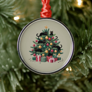 Black Cats Christmas Tree Cat Lover Xmas Lights Metal Ornament