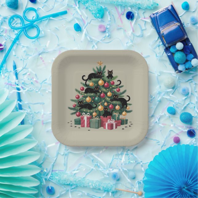 Black Cats Christmas Tree Cat Lover Xmas Lights Paper Plate (Party)
