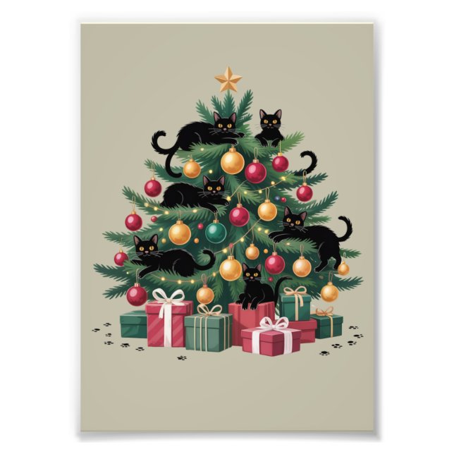 Black Cats Christmas Tree Cat Lover Xmas Lights Photo Print (Front)