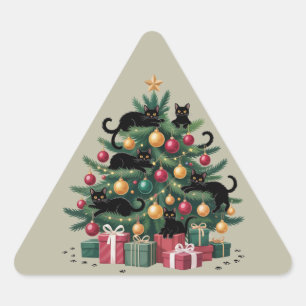 Black Cats Christmas Tree Cat Lover Xmas Lights Triangle Sticker