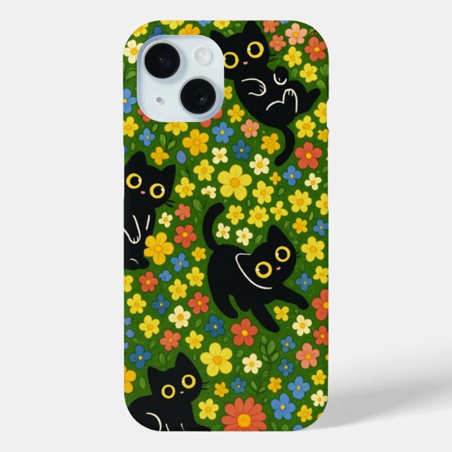 Black Cats | Cute Black Cats Floral Meadow Pattern Case-Mate iPhone Case (Back)