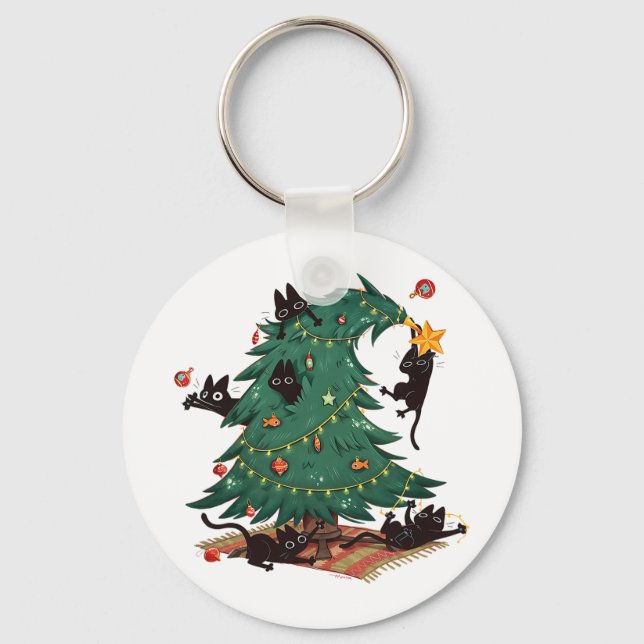 Black Cats Decorating Christmas Tree Funny Cat Lov Key Ring (Front)