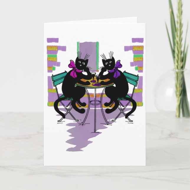 black cats drinking wine greeting card (Front)