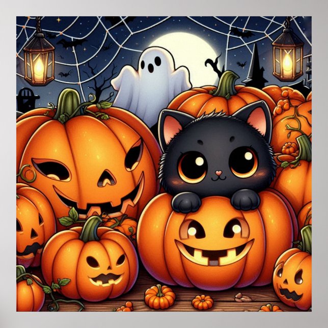 Black Cats, Ghost and Jack-O-Lanterns Poster (Front)