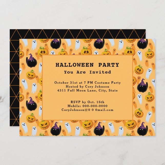 Black Cats Ghost Jack o' Lanterns Halloween Party Invitation (Front/Back)