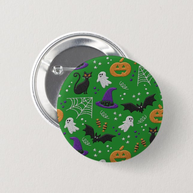 Black Cats Ghosts Bats Green Pattern Halloween 6 Cm Round Badge (Front & Back)