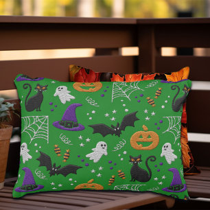 Black Cats Ghosts Bats Green Pattern Halloween Decorative Cushion