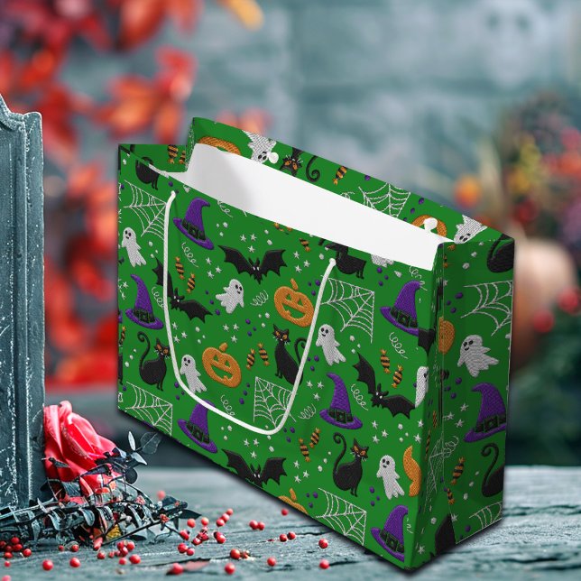 Black Cats Ghosts Bats Green Pattern Halloween Large Gift Bag (Creator Uploaded)