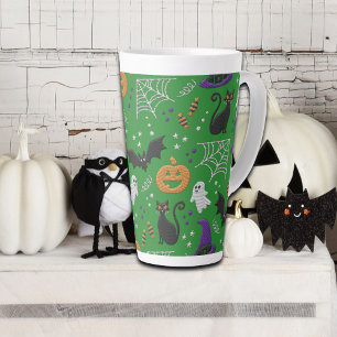 Black Cats Ghosts Bats Green Pattern Halloween Latte Mug