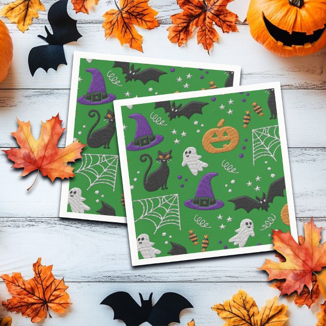 Black Cats Ghosts Bats Green Pattern Halloween Napkin (Creator Uploaded)