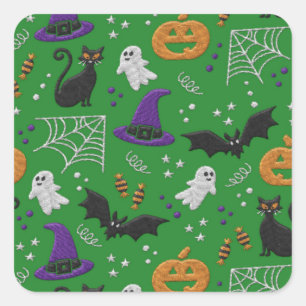 Black Cats Ghosts Bats Green Pattern Halloween Square Sticker